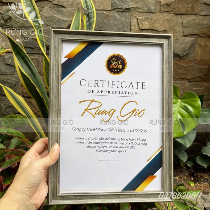 KHUNG CHỨNG NHẬN A4 - BẢN VIỀN 5CM GỖ - MÀU GHI
