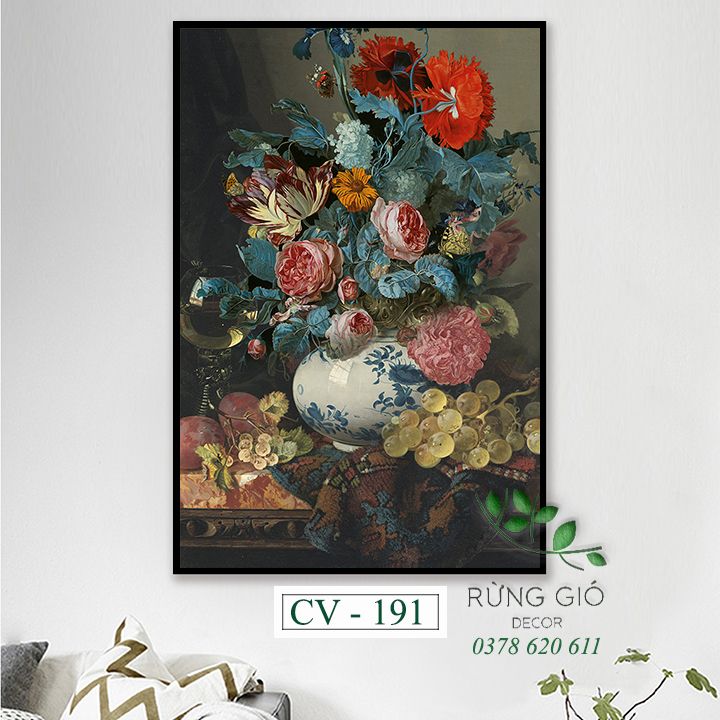 Khung tranh vải canvas bình hoa cổ điển kiểu Bắc Âu (CV191)