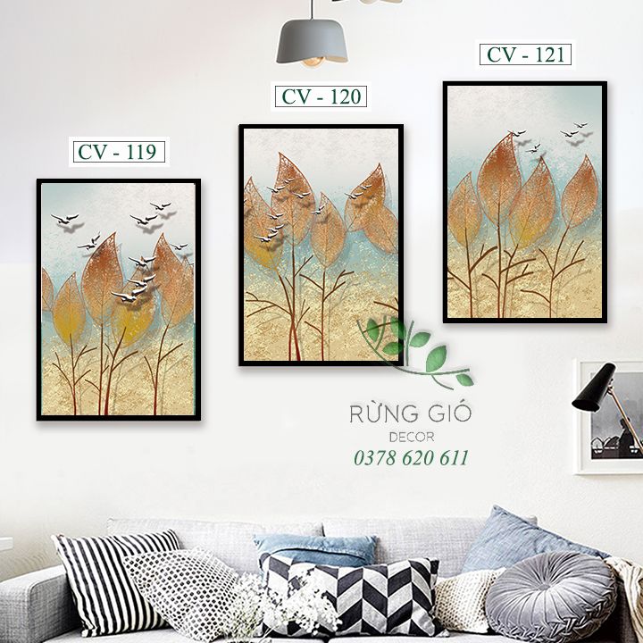 Khung	tranh vải canvas hình lá vàng trừu tượng (Mã CV119-120-121)