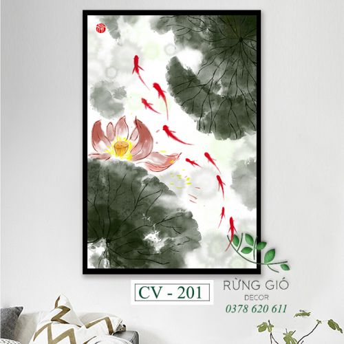 Khung tranh vải canvas hình đàn cá dưới đầm sen (CV201)